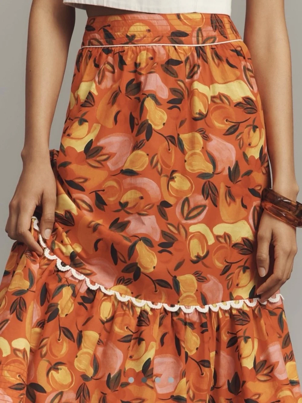 NEW Farm Rio Anthropologie Fruit Print -SZ L- Tiered-Flare Midi Skirt Orange Red